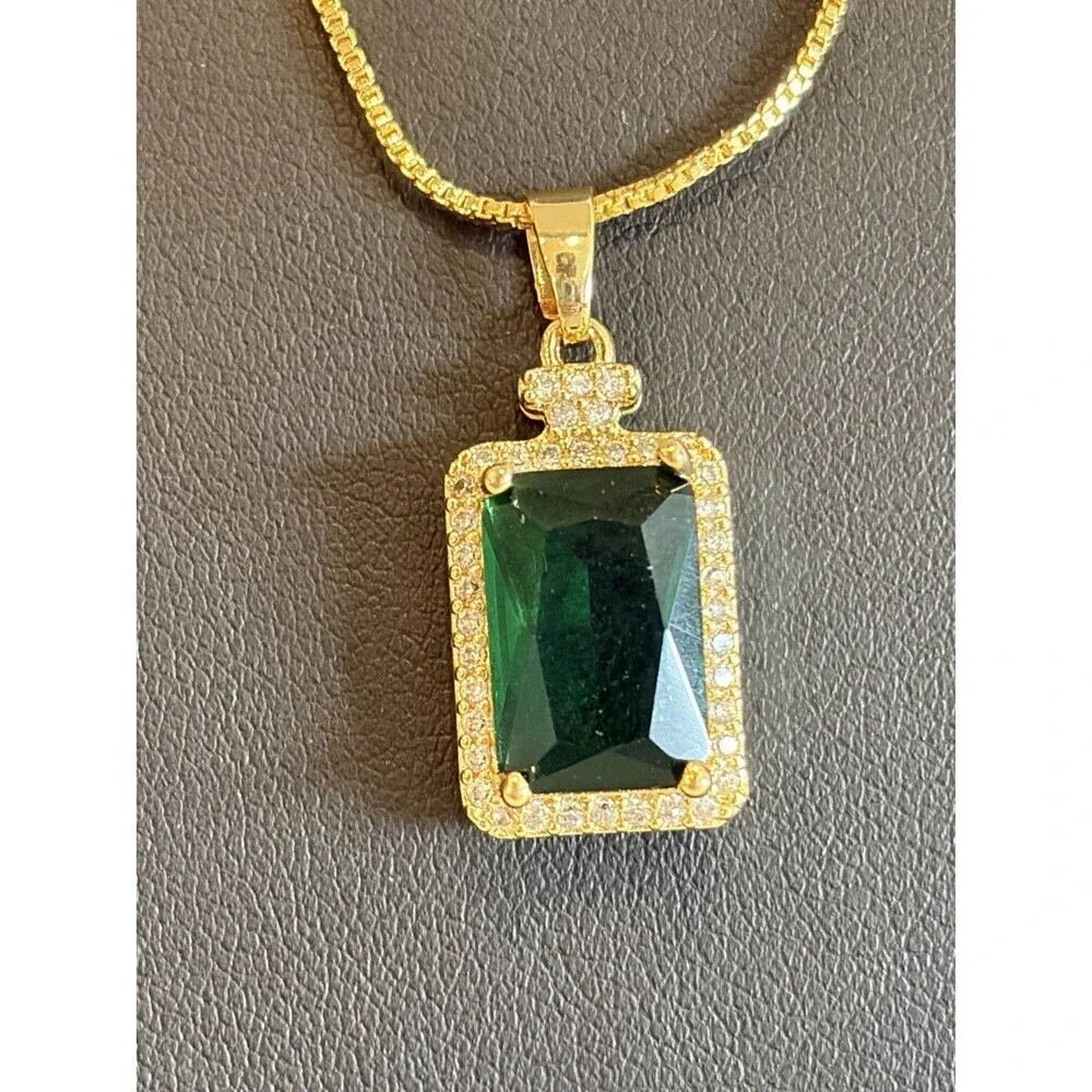 3.0Ct Emerald Cut Lab-Created Emerald Halo Pendant 14K Yellow Gold Silver Plated